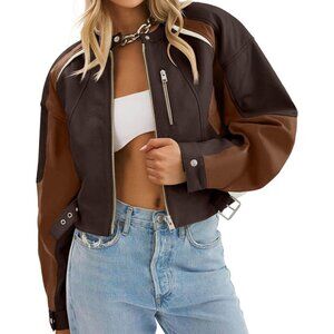 Womens Brown Tankaneo Leather Bomber Jacket Cropped Color Block Fall Casual